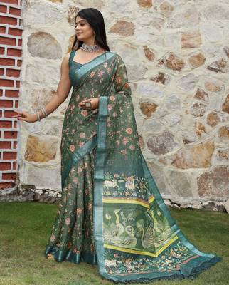 Green cotton shimmer printed ethnic girlie saree 1