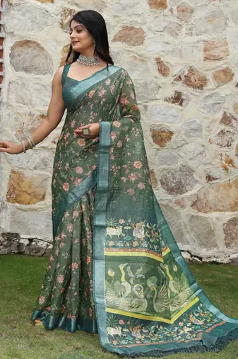 Green color  cotton shimmer fabric designer printed ethnic girlie saree