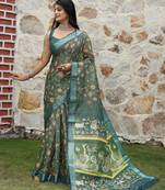 Green color  cotton shimmer fabric designer printed ethnic girlie saree