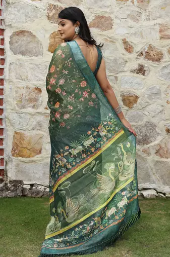 Green cotton shimmer printed ethnic girlie saree