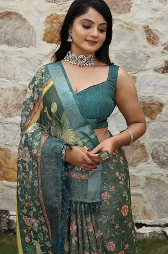 Green cotton shimmer printed ethnic girlie saree