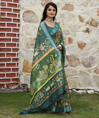 Green cotton shimmer printed ethnic girlie saree 4