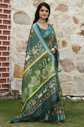 Green cotton shimmer printed ethnic girlie saree