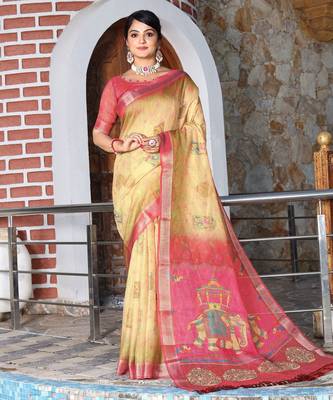 Yellow cotton shimmer printed ethnic girlie saree 1