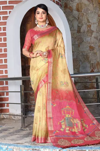 Yellow color  cotton shimmer fabric designer printed ethnic girlie saree