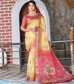 Yellow color cotton shimmer fabric printed ethnic girlie saree