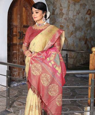 Yellow cotton shimmer printed ethnic girlie saree 3