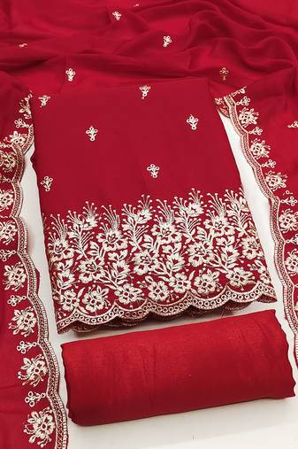 Exquisite embroidered suit set featuring floral threadwork and scalloped border dupatta