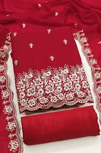 Exquisite embroidered suit set featuring floral threadwork and scalloped border dupatta