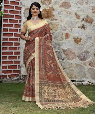Brown cotton shimmer printed ethnic girlie saree 1
