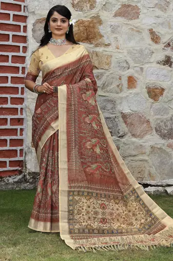Brown color  cotton shimmer fabric designer printed ethnic girlie saree