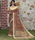Brown color cotton shimmer fabric printed ethnic girlie saree