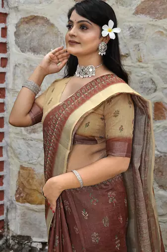 Brown cotton shimmer printed ethnic girlie saree