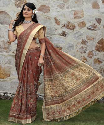 Brown cotton shimmer printed ethnic girlie saree 4