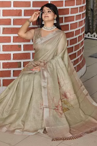 Grey cotton shimmer printed ethnic girlie saree