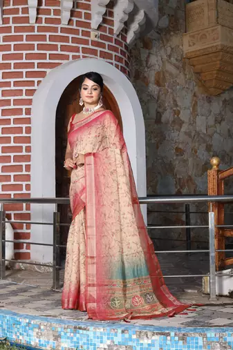 Off white color  cotton shimmer fabric designer printed ethnic girlie saree