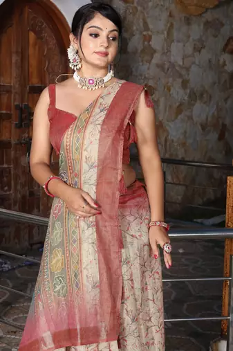 Off white cotton shimmer printed ethnic girlie saree