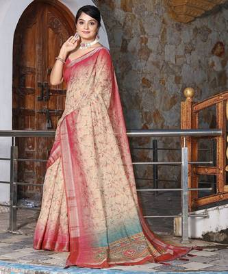 Off white cotton shimmer printed ethnic girlie saree 4