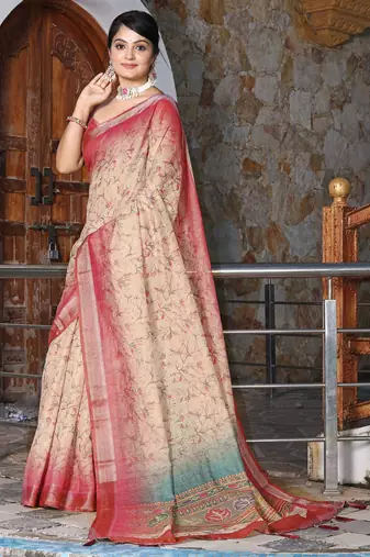 Off white cotton shimmer printed ethnic girlie saree