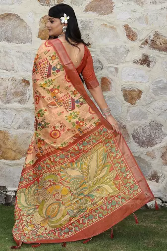 Peach cotton shimmer printed ethnic girlie saree