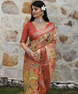 Peach cotton shimmer printed ethnic girlie saree 3