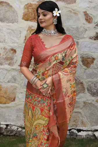 Peach cotton shimmer printed ethnic girlie saree
