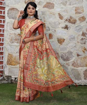 Peach cotton shimmer printed ethnic girlie saree 4