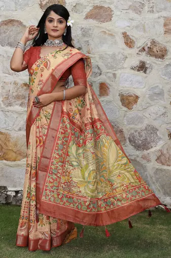 Peach cotton shimmer printed ethnic girlie saree
