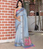 Sky blue color cotton shimmer fabric printed ethnic girlie saree