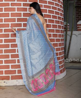 Sky blue cotton shimmer printed ethnic girlie saree 2