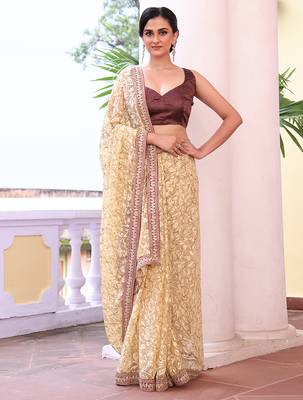 Beige color brasso fabric heavy ceremonial wear bollywood saree 4