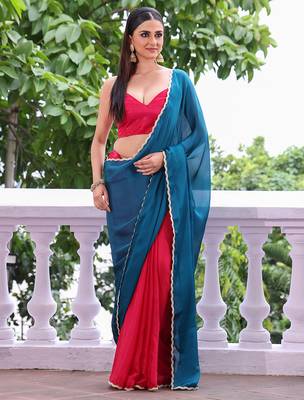 Teal chiffon heavy ceremonial wear saree 1