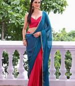 Teal color chiffon fabric heavy ceremonial wear bollywood saree