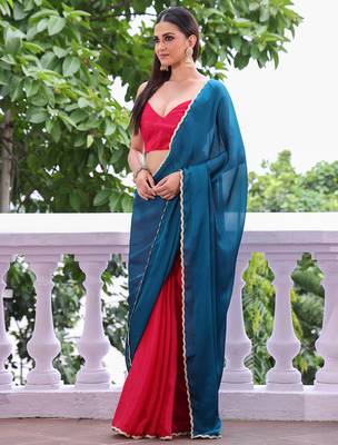 Teal chiffon heavy ceremonial wear saree 4