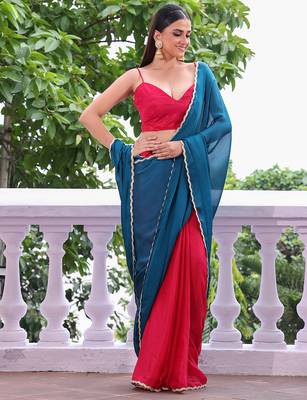 Teal chiffon heavy ceremonial wear saree 5