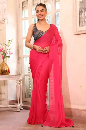 Pink color chiffon fabric heavy ceremonial wear bollywood saree