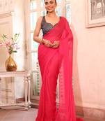 Pink color chiffon fabric heavy ceremonial wear bollywood saree