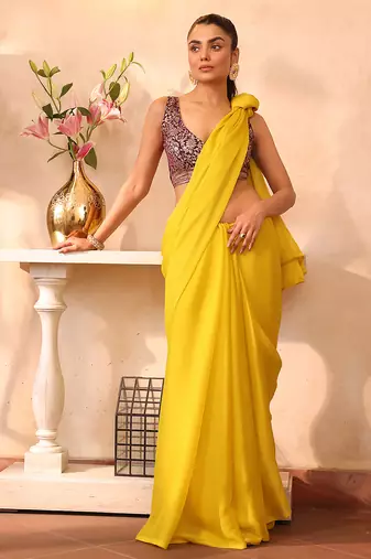 Yellow color chiffon fabric heavy ceremonial wear bollywood saree