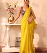 Yellow color chiffon fabric heavy ceremonial wear bollywood saree