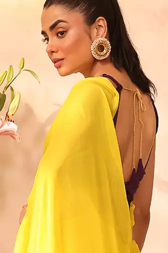Yellow chiffon heavy ceremonial wear saree