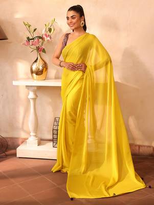 Yellow chiffon heavy ceremonial wear saree 5