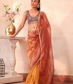Gold color organza fabric heavy ceremonial wear bollywood saree
