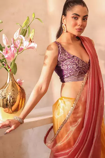 Gold organza heavy ceremonial wear saree