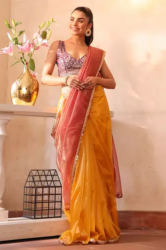 Gold organza heavy ceremonial wear saree