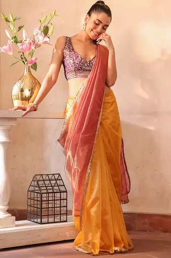 Gold organza heavy ceremonial wear saree