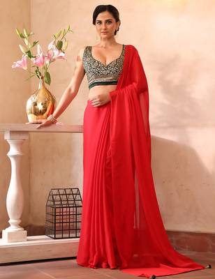 Red chiffon heavy ceremonial wear saree 1