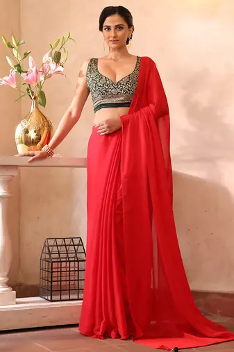 Red color chiffon fabric heavy ceremonial wear bollywood saree