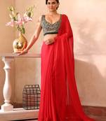 Red color chiffon fabric heavy ceremonial wear bollywood saree