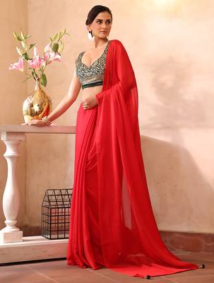 Red chiffon heavy ceremonial wear saree 5
