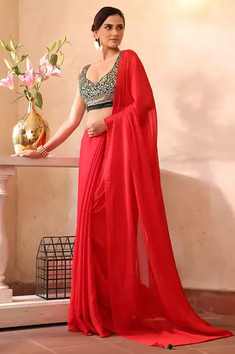 Red chiffon heavy ceremonial wear saree